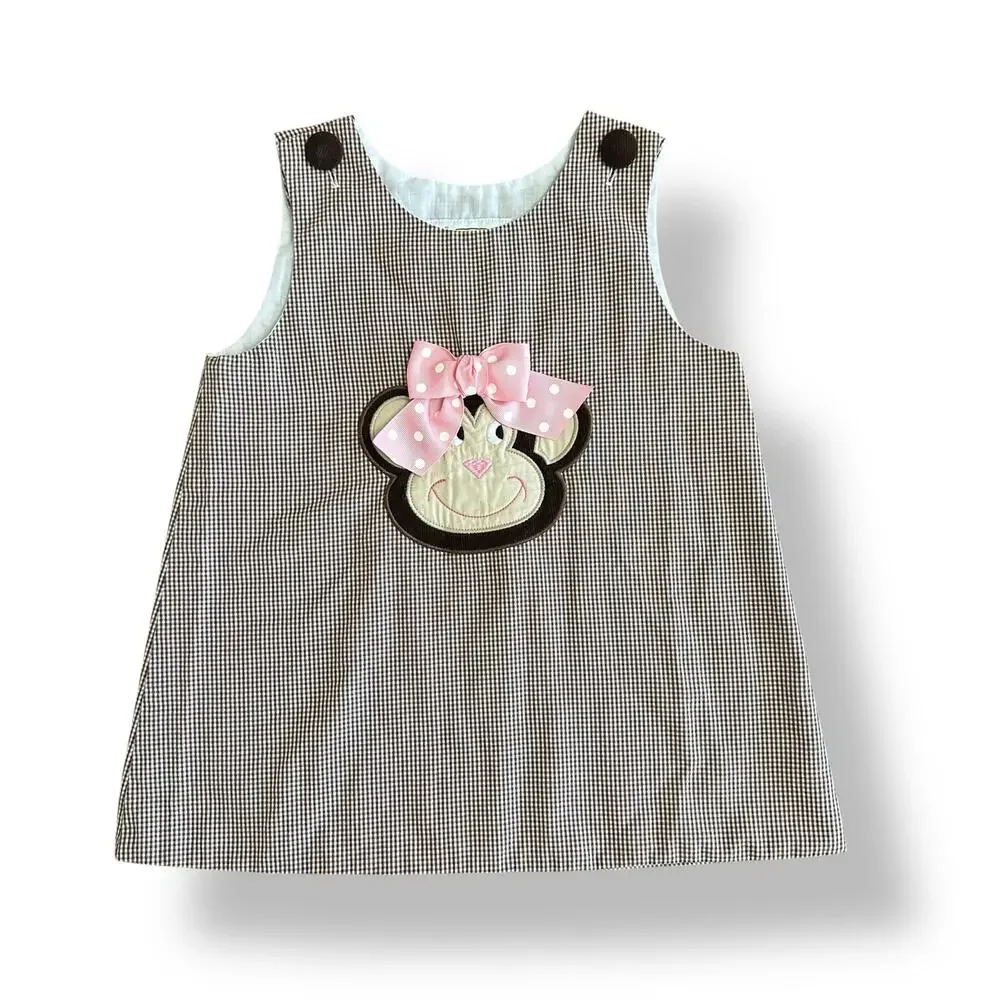Castles and Crowns Gingham Monkey Dress girls Size 5 Brown Pink